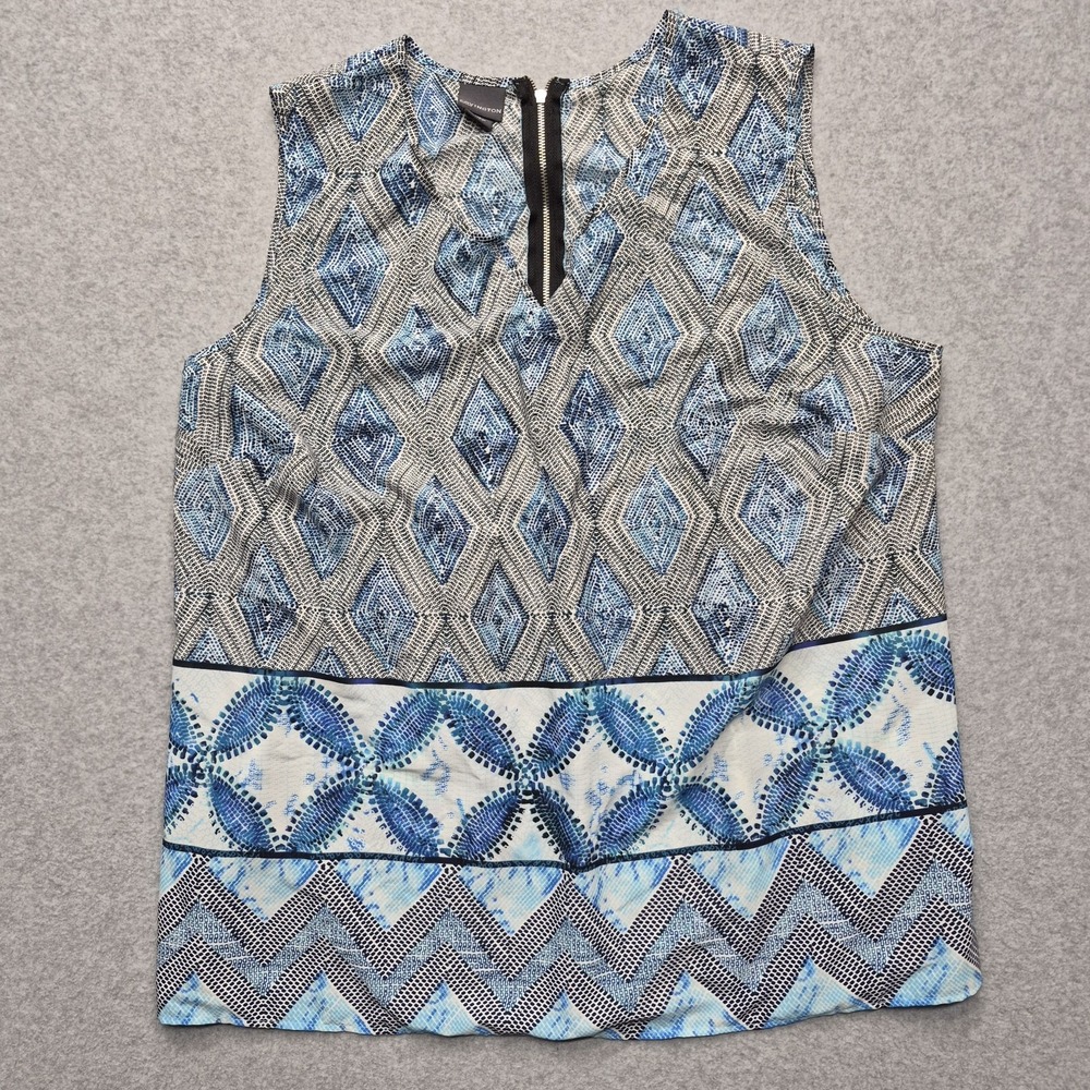 Covington Blouse Womens 1X Blue Grey Geometric Diamond Sleeveless Zip Back